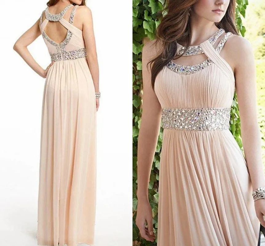 

Luxury Blush Pink Chiffon Evening Dress 2021 Halter Sleeveles Beading Ruched Women's Prom Party Gown Robe De Soiree Vestiods