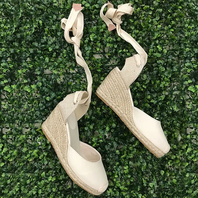 Сандалии женские холщовые эспадрильи на танкетке ремешок щиколотке шнуровка