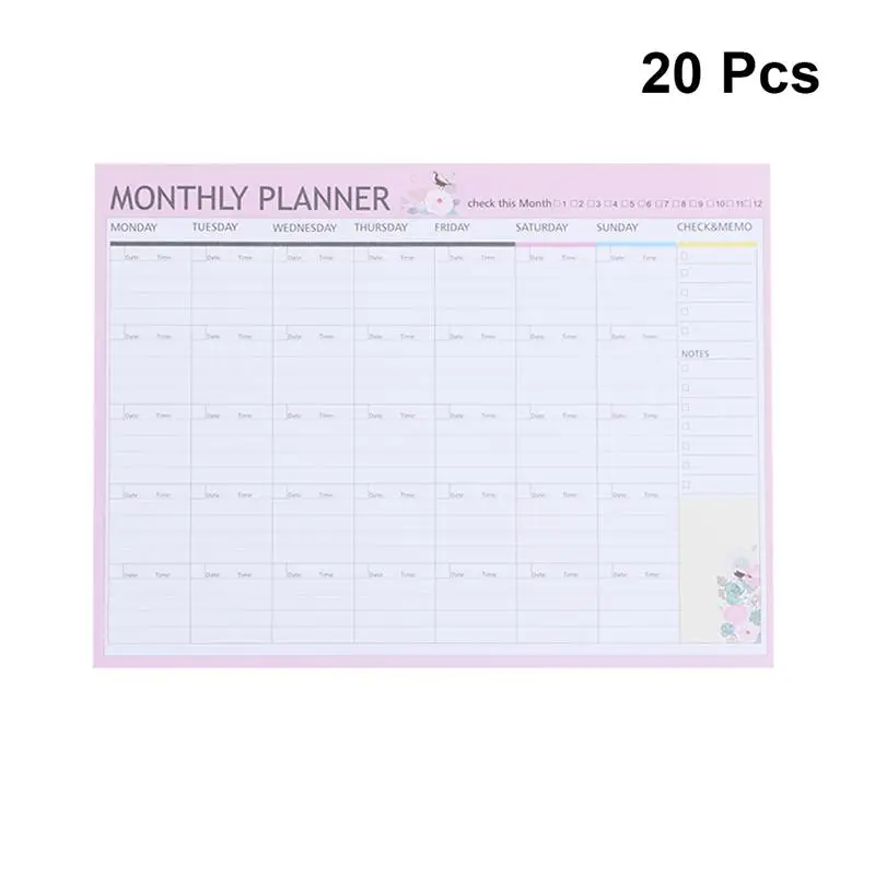 20 Sheets Monthly Planner Calendar Schedule Organizer Agenda Schedule Organizer Notebook(Pink Green Mixed)