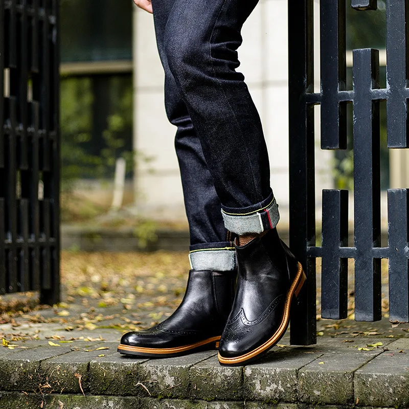 

Men winter Boots Genuine cow leather chelsea boots brogue casual ankle flat shoes Comfortable quality slipon dress boots 2020