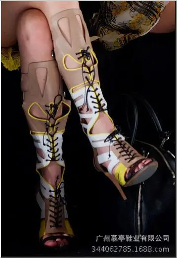 

Color matching cross strap sexy knee length boots high heel sandals women's shoes