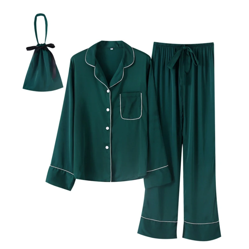 

Spring and Autumn Silk Pajamas Women Two-Piece Long Sleeve Trousers Solid Color Home Service Suit