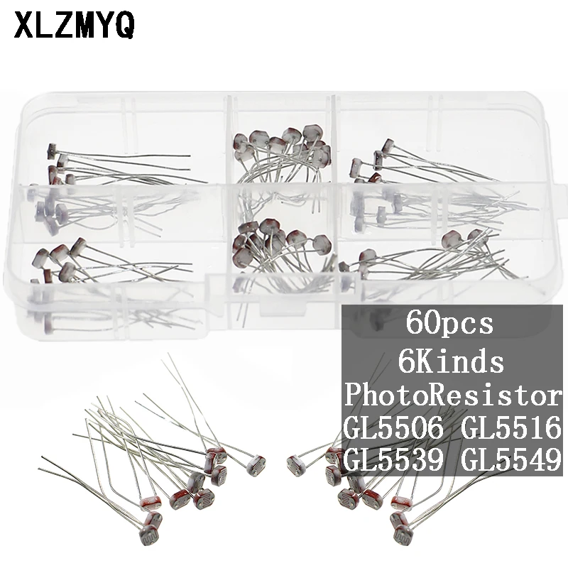 

60pcs GL5506 GL5516 GL5528 GL5537GL5539 GL5549 PhotoResistor Kit Light Dependent Resistor LDR 5MM Photosensitive Resistance Set