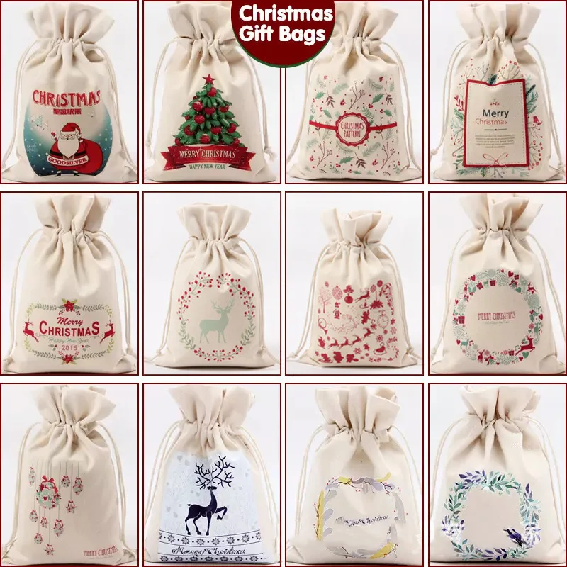 

Christmas Candy Bag Canvas Storage Bag Beam Port Drawstring Bags Santa Claus Deer Elk Gift Organizer New Year Children's Gift