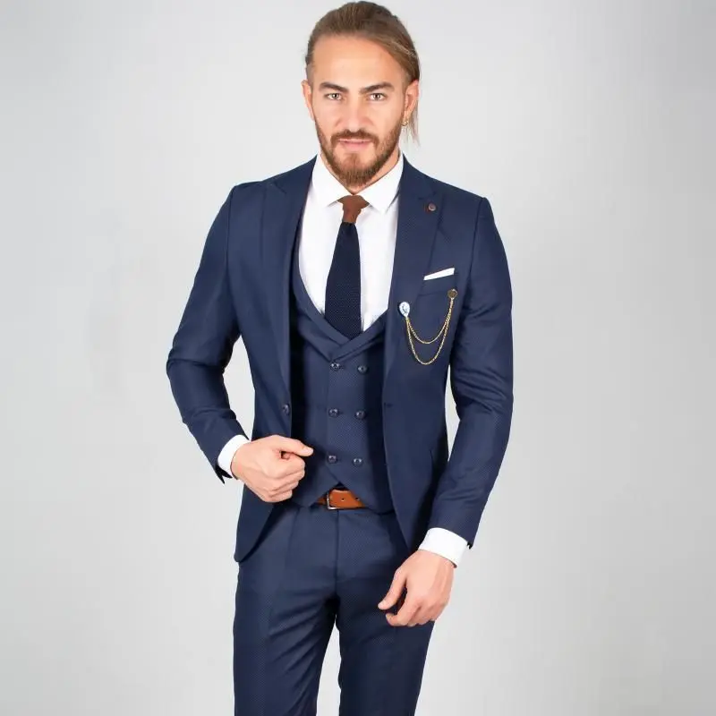 

Темно-синий роскошный мужской костюм смокинг узкая форма одна кнопка для жениха деловые костюмы свадьба (Блейзер + брюки жилет)