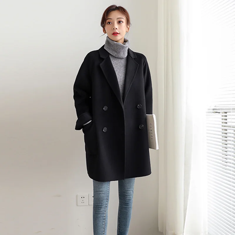 

2021 Winter Coat Women Jackets Long Sleeve Double Breasted Fashion Female Blends Suit Causal Loose Elegant Black Outwear