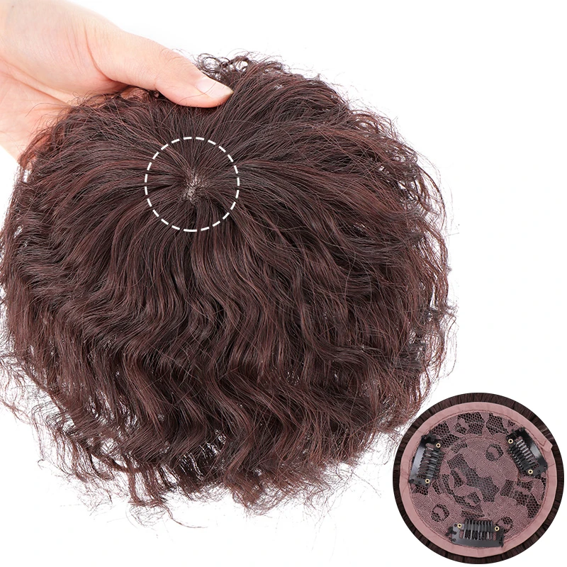 DIANQI Synthetic Dark Brown Hair Short Clip in hairpieces Clip Closure Curly Topper Hair Extension