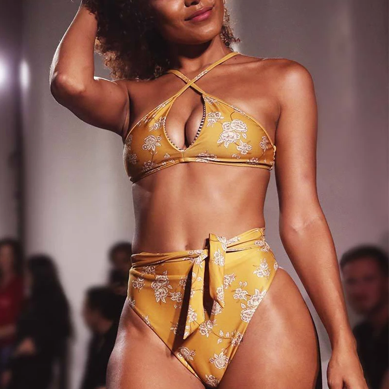 Купальник бикини женский с высокой талией на шнуровке размера плюс|Купальники| |