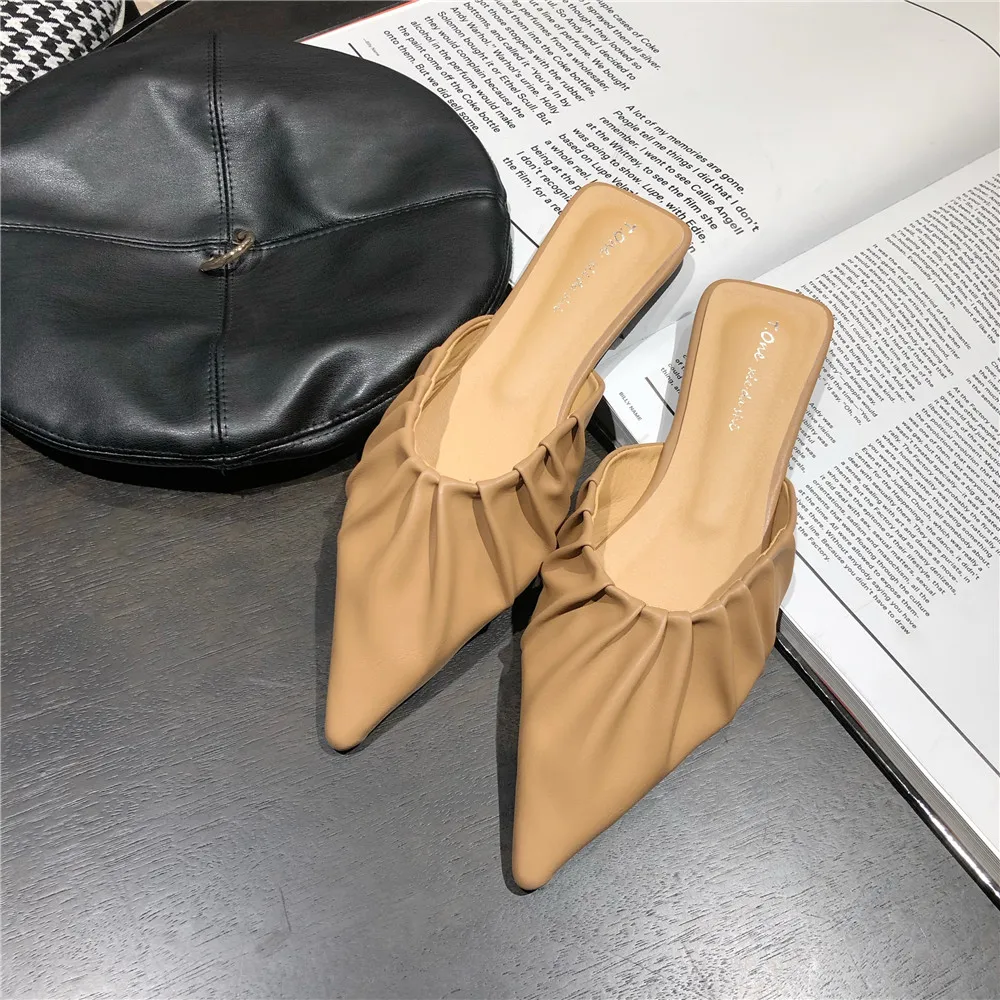MOLAN Brand Designers 2020 Spring New Fashion Shallow Pleated Leather Point Shoes Flat Slippers Slip On Loafers Mules Flip Flops | Обувь