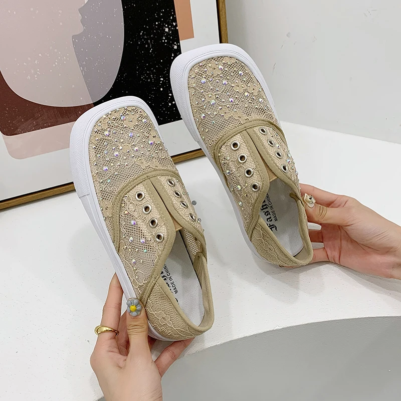 

Slip On Shoes For Women Tennis Female Flats Casual Sneaker Square Toe All-Match Crystal Slip-on Breathable Dress Rhinestone Summ