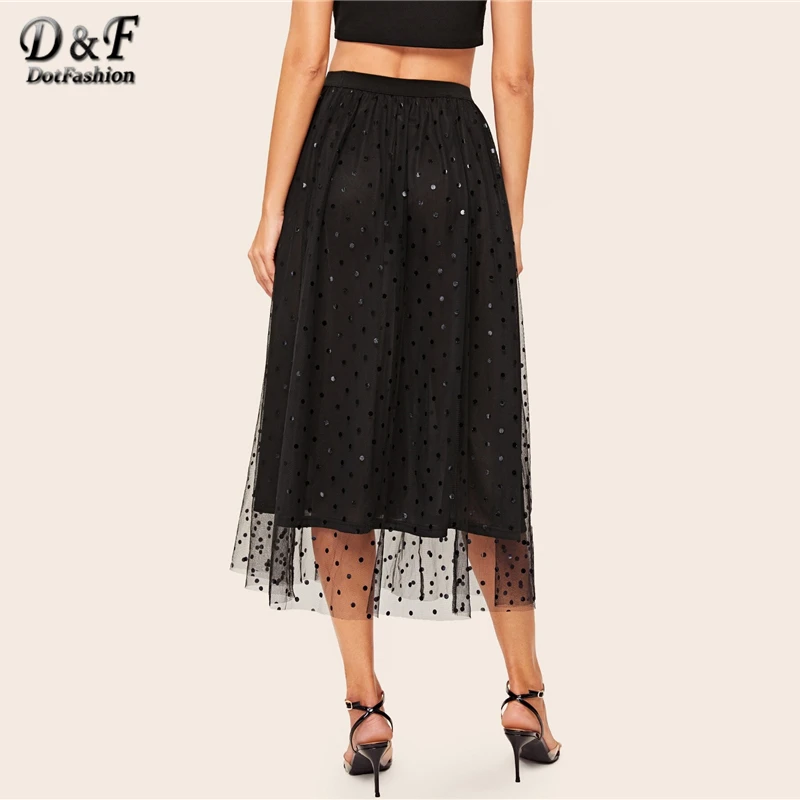 Dotfashion/Повседневная юбка с эластичной резинкой на талии, трапециевидная юбка для женщин, осенняя контрастная многослойная сетчатая юбка в горошек, Женская Черная Юбка-миди
