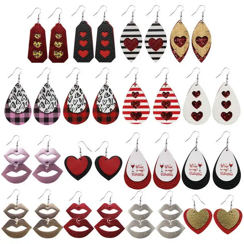 

2021 Girlfriend Gift Valentine's Day Motif Leather Earrings for Women Layered Lip Earrings Cutout Heart Earrings Jewelry