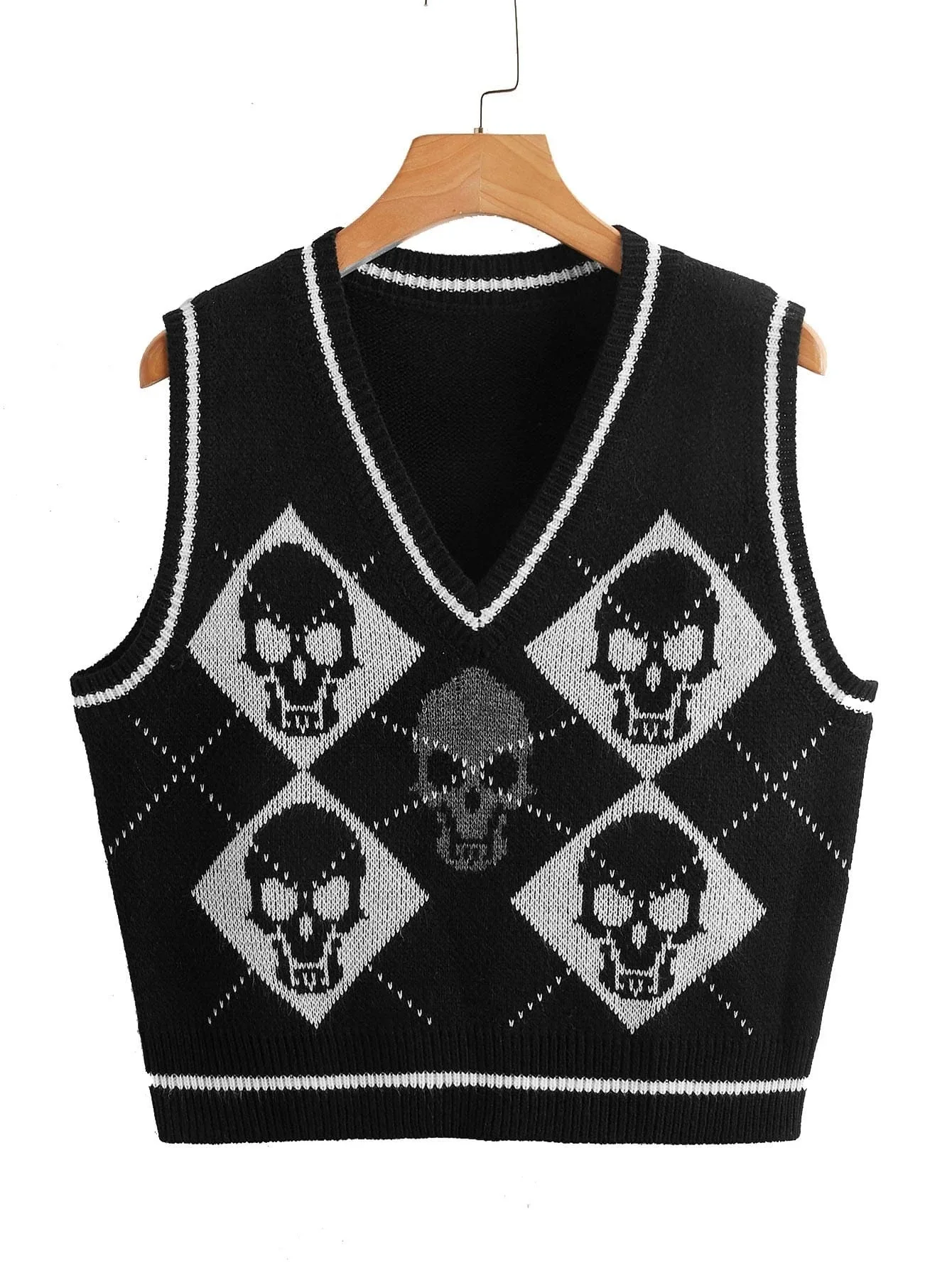 Y2K Готический вязаный свитер жилет с рисунком черепа и ромбиками трикотажный