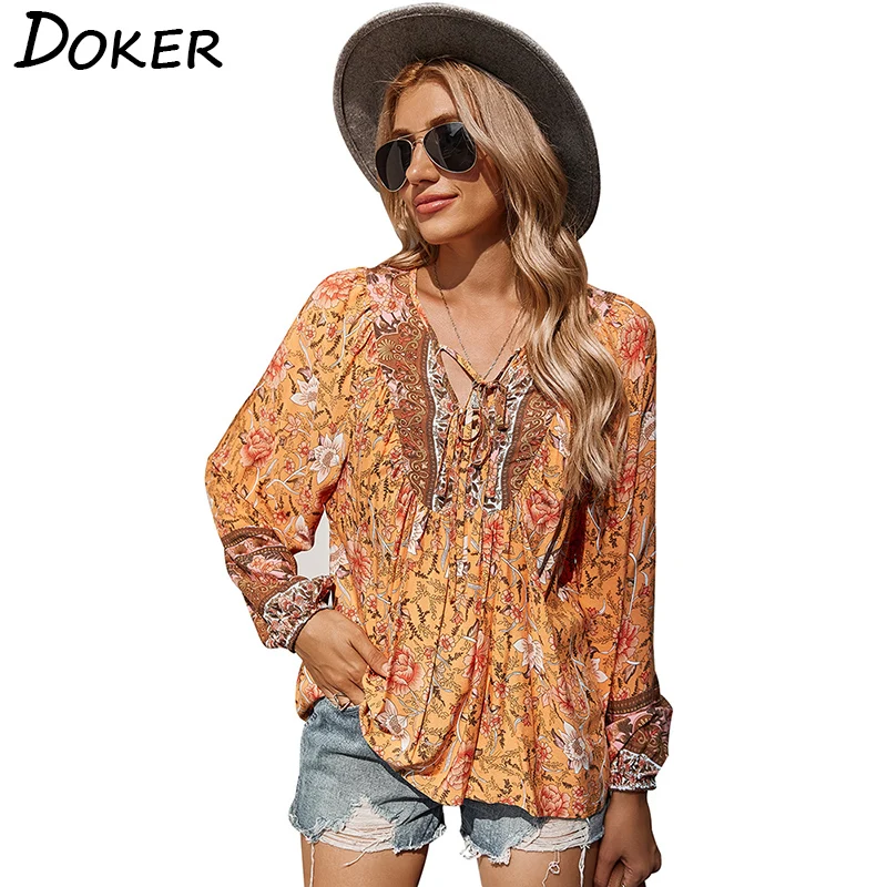 

Tether Printed V Neck Long Sleeve T Shirt Women Casual Romantic Holiday Tee Shirt Tops Female Loose Plus Size Blouse