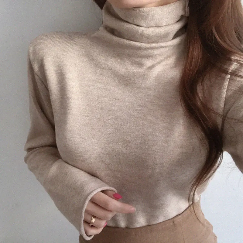 

Женский трикотажный свитер-водолазка, повседневный однотонный облегающий джемпер с длинным рукавом, осень 2021