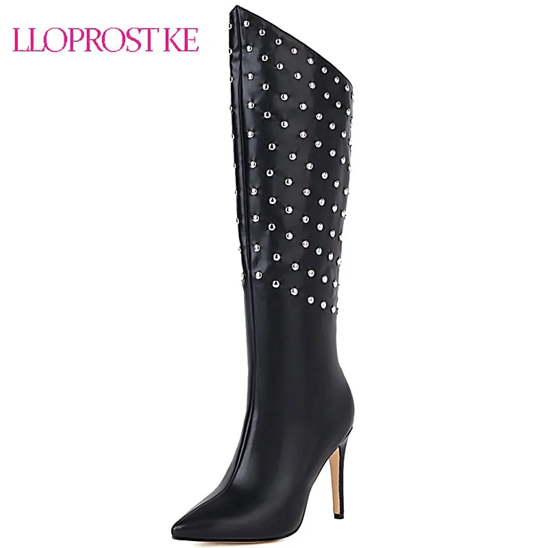 

Lloprost ke New Women Knee High Boots Pointed Toe Rivets Winter Long Boots Fashion Sexy Party Nightclub Shoes Women Footwear