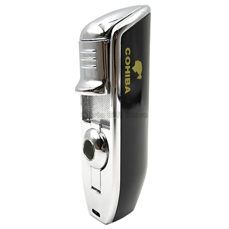 COHIBA металлическая сигарета зажигалка 3 струйный синий фонарь пламя форма змея рот ветрозащитный с удар Подарочная коробка табака курительный инструмент - Цвет: Black