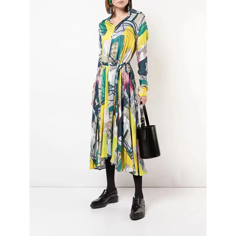 

Dress for Women High Quality New Spring Summer Runway Turn-Down Collar Long Sleeves Print Elegant Shirt Dresses Vestidos NP1590J