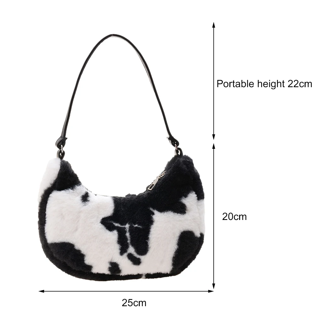 Women Soft Plush Shoulder Bags Cow Print Hobo Bags Female 2021 New Autumn Winter Small Hand Bag Travel Warm Fluffy Tote Bags images - 6