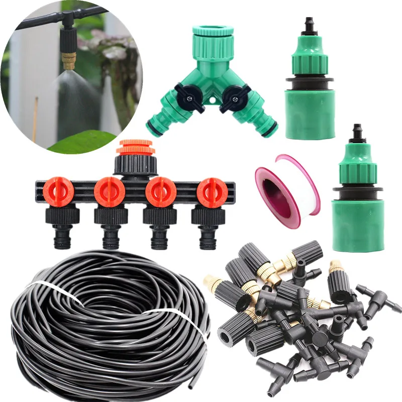 

10-50m Brass Misting Sprinkler Set With Hose Splitter Garden Irrigation Spray Self Watering Kits Holiday Watering Drip Fitting