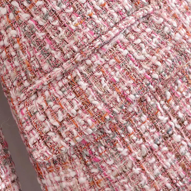 Женский твидовый двубортный пиджак с карманами приталенный деловой длинным