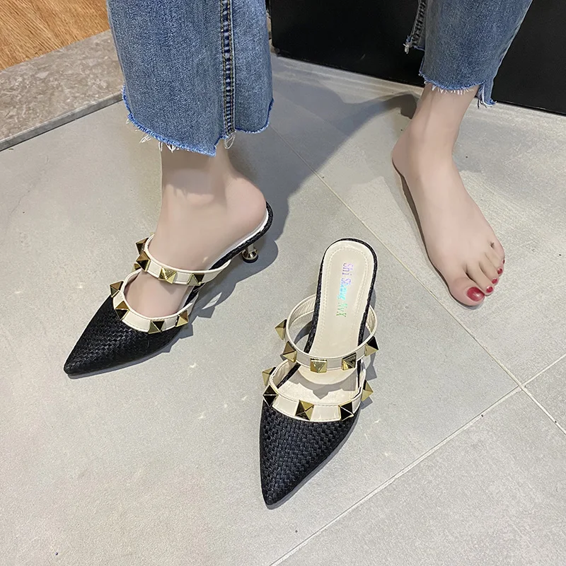 

Slippers Women Summer Shoes Heeled Mules Cover Toe Slides Med Fashion Pantofle High Thin Luxury 2021 Rome PU Scandals Rubber Cot