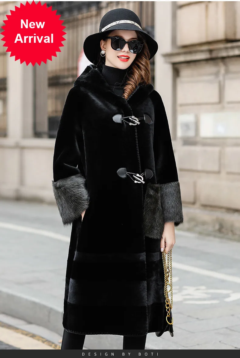 

2020 elegant fashion sheep fur women's coat hooded fur coat