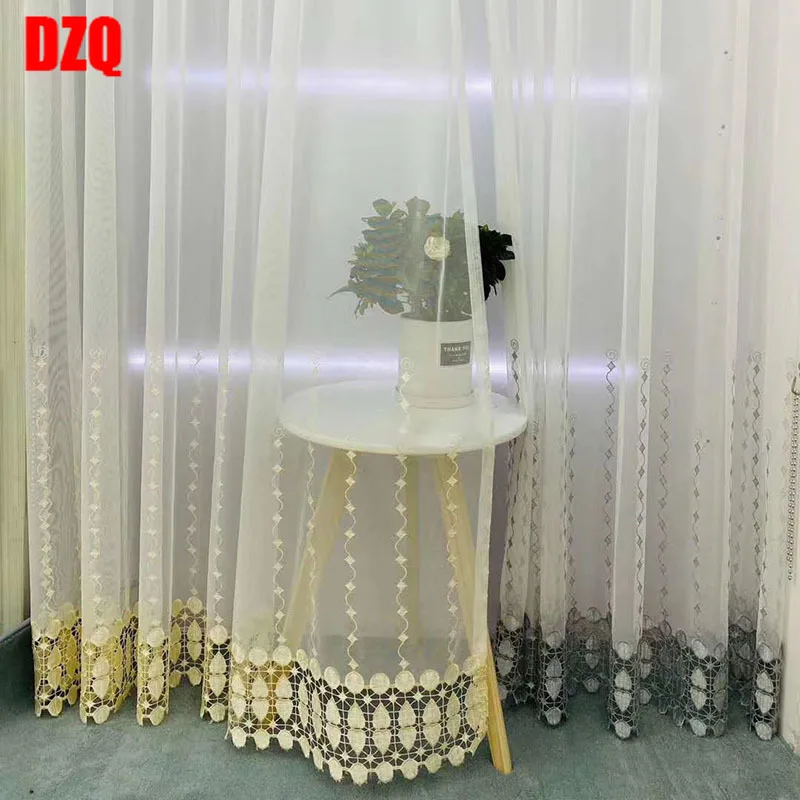 

Pastoral Gray Embroidery Diamond StripeTulle Curtains for Living Room White Lace Loving Heart Bottom Sheer Bedroom Window Drapes