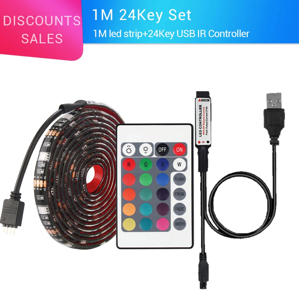 5050 RGB USB светодиодный набор полос с 20Key RF пульт дистанционного управления светодиодный музыкальный контроллер USB светодиодный светильник полоса для телевизора фоновая лампа лента светодиодный лента - Испускаемый цвет: 1M 24Key Set