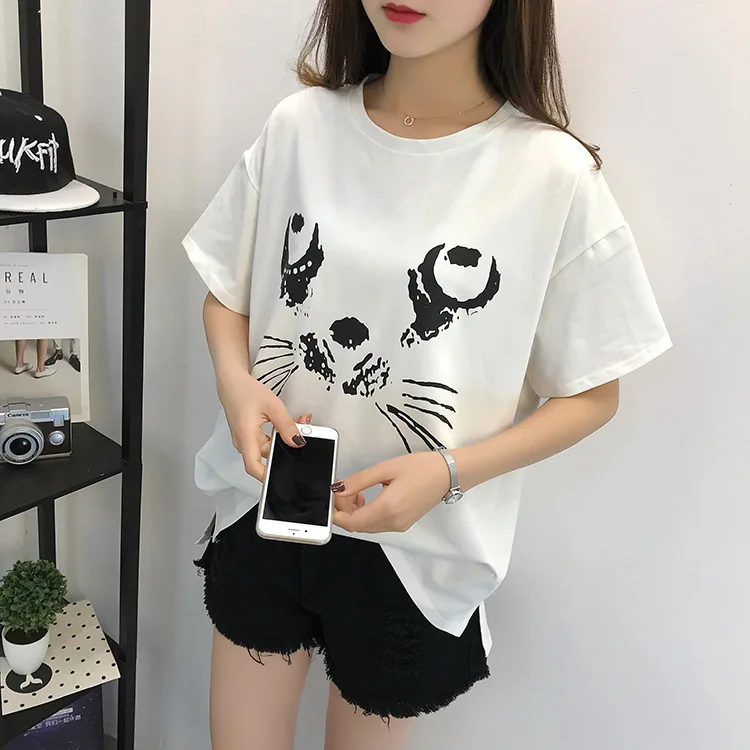 Милая футболка с принтом кота Женская свободная коротким рукавом и круглым