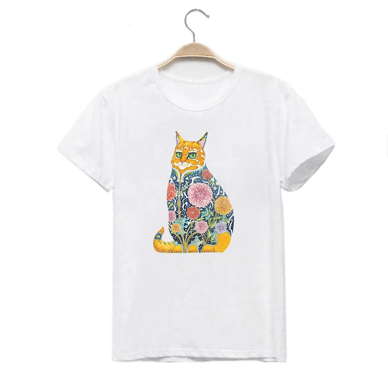 Футболка LUSLOS женская с цветочным принтом кота милая Повседневная белая рубашка