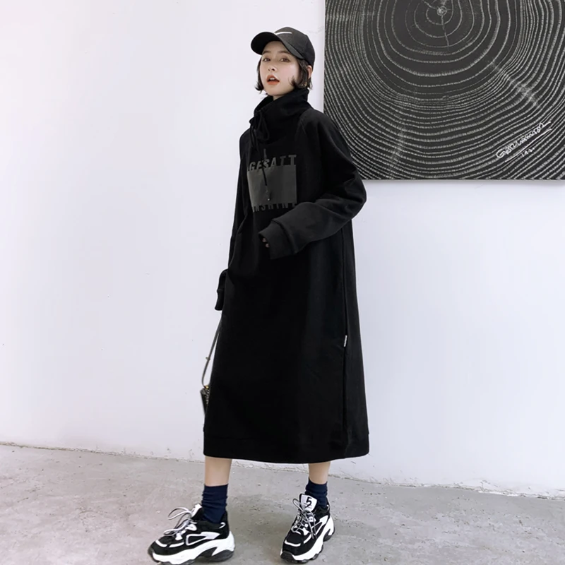 

Turtleneck Sweatshirt Dresses Women Letter Print Black Long Dress Casual Loose Streetwear Autumn Winter Dress Female Vestidos
