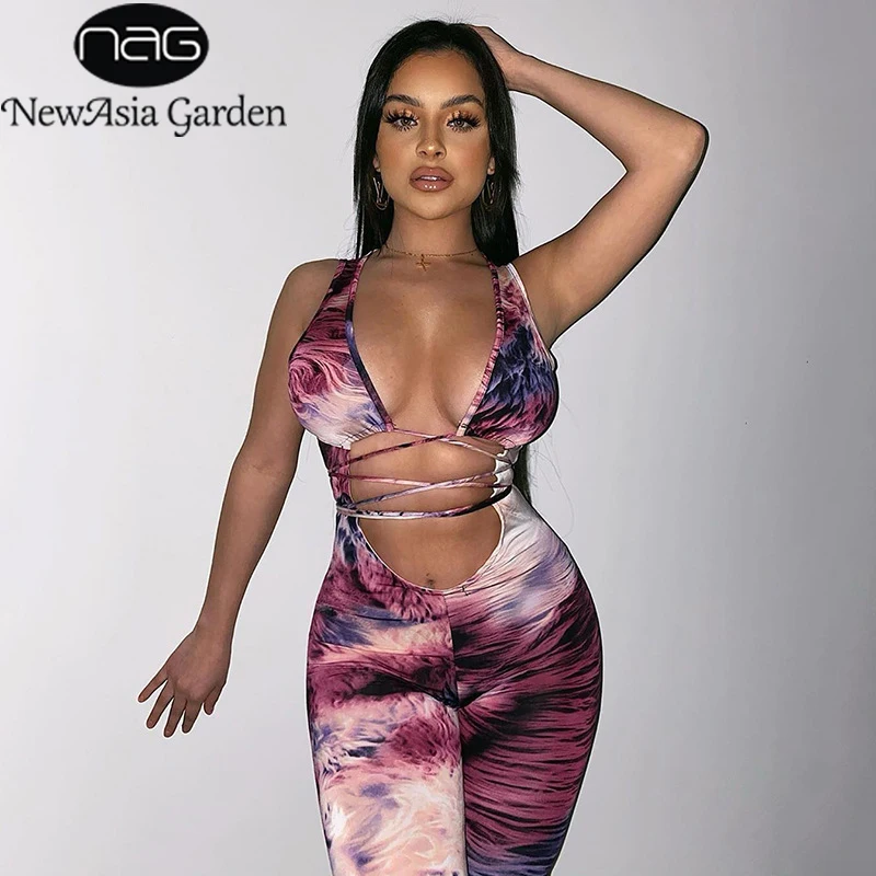 

Женский комбинезон с галстуком-краской NewAsia, сексуальный комбинезон без рукавов с вырезами, летняя одежда для вечеринок 2020, облегающие длин...