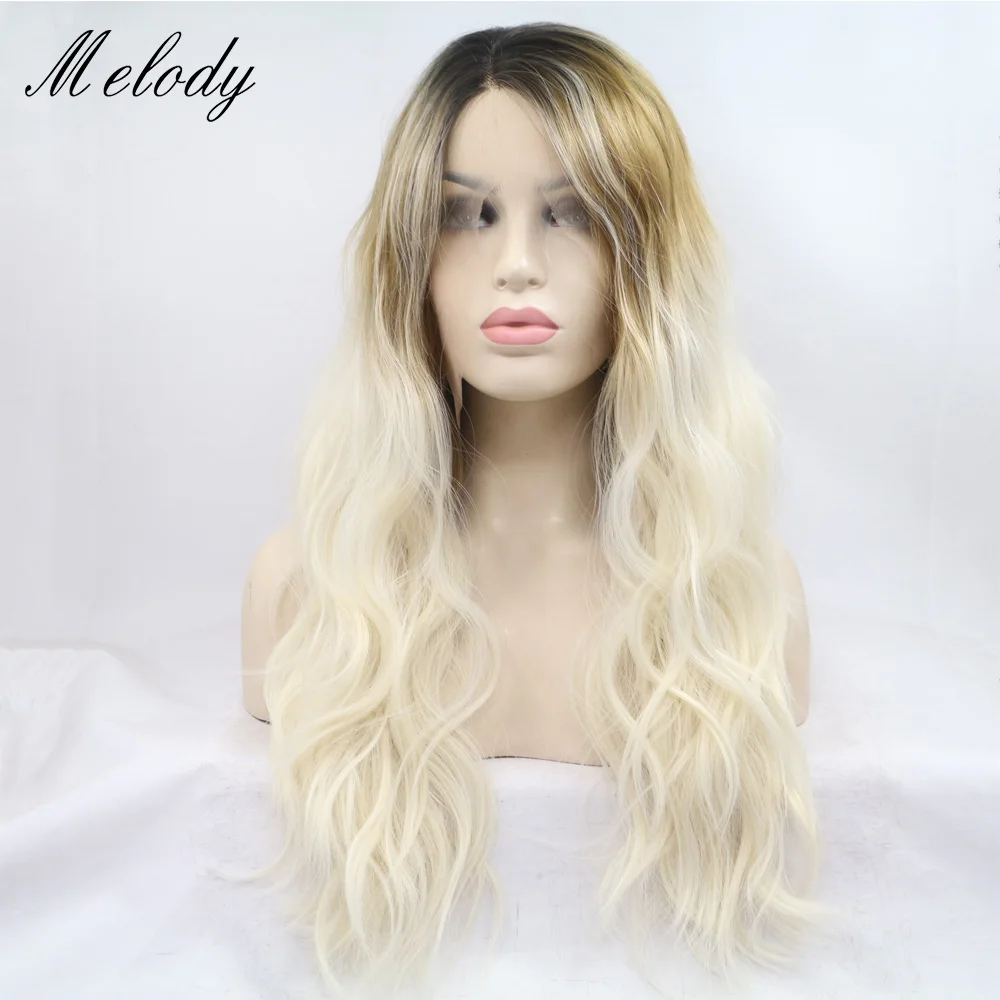 

Melody Ombre Platinum Blonde with Dark Roots Long Body Wave Synthetic Lace Front Wig Heat Resistant Fiber for Women Everyday Wig