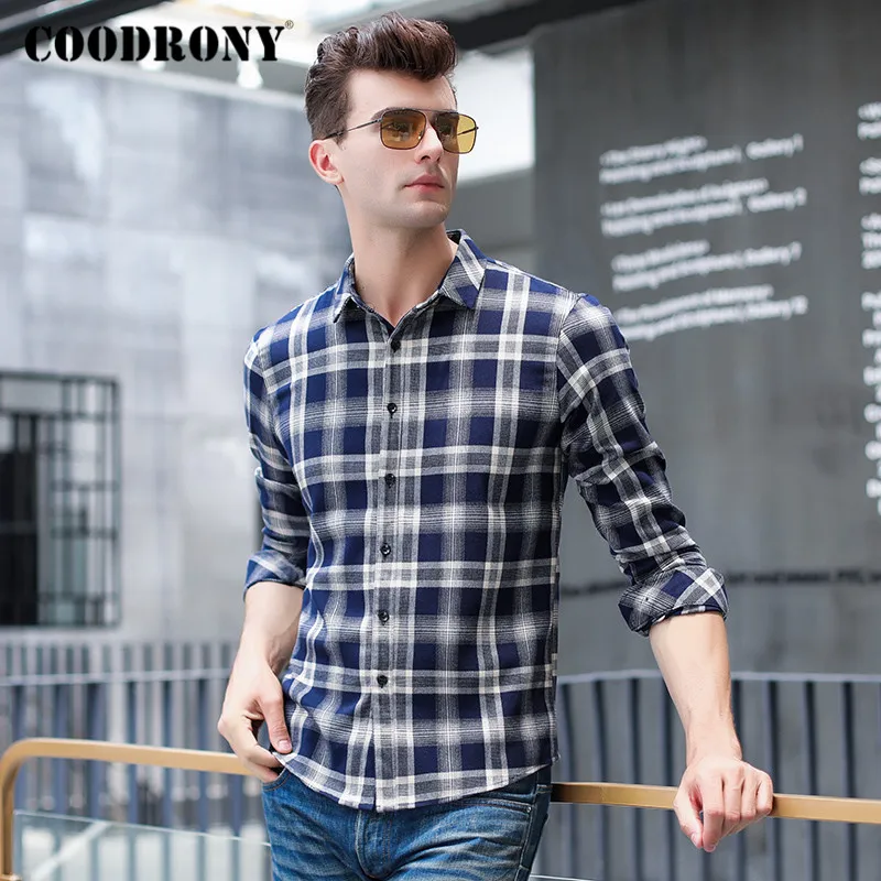 COODRONY брендовая мужская рубашка с длинным рукавом весна осень модные клетчатые