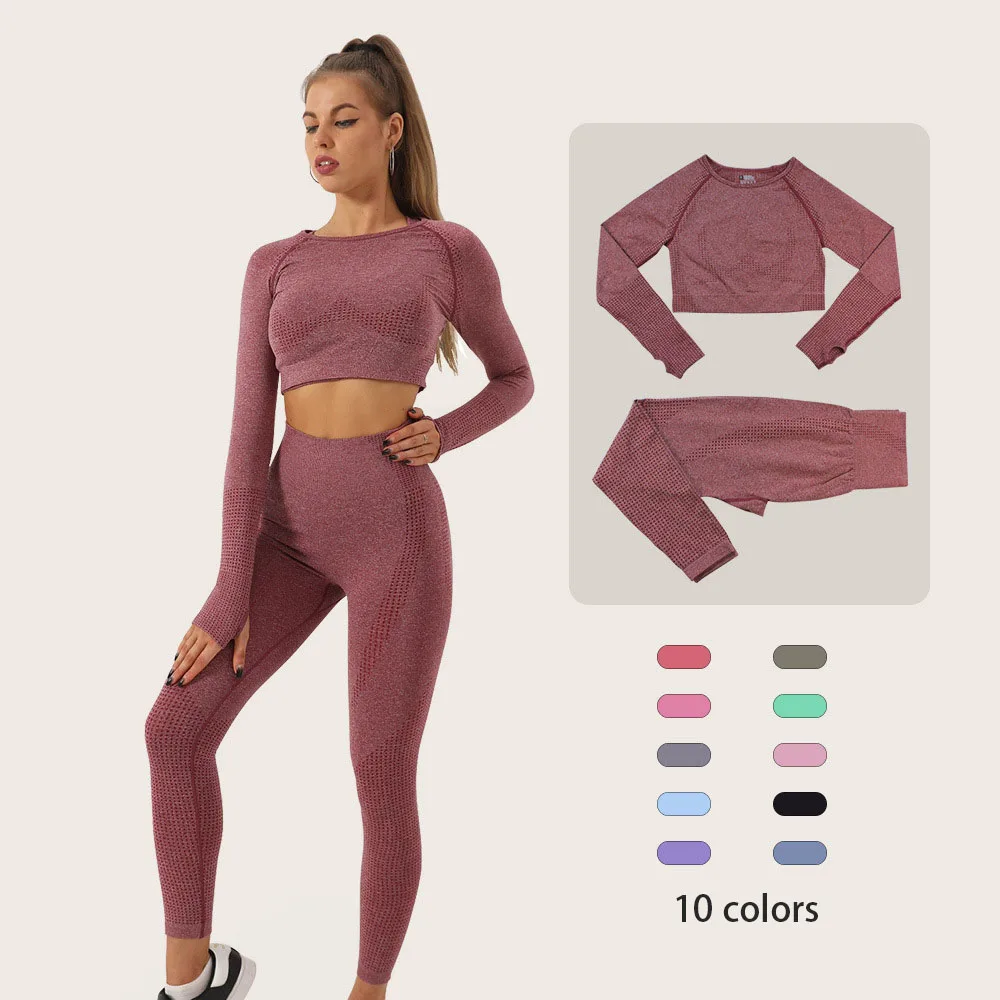 

Two piece long sleevedpants fitness suit women's high waist tight exercise longsleeve woman plus size innerwear NylonCN(Origin)