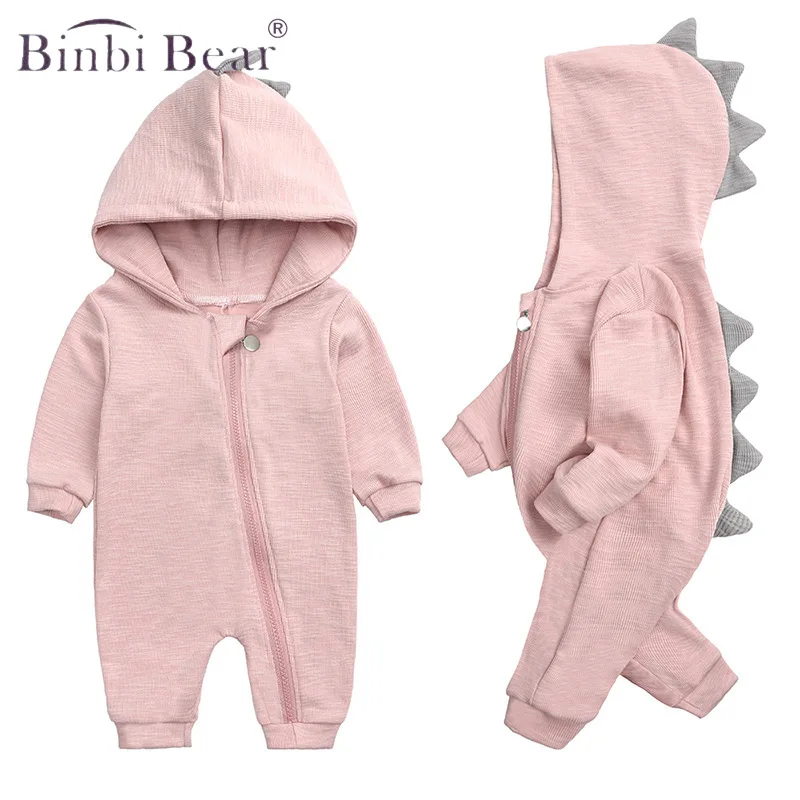 

New Born Spring And Autumn Baby Pink Costume Winter Girl Clothes Dinosaur Hooded Cotton One-piece Long-sleeved Romper Jumpsuit