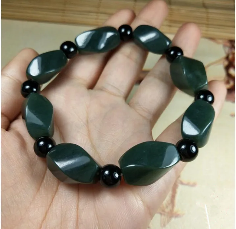 

Natural hetian raw black green jade bracelet jade beads bangle 100% real jade jewelry bracelets jadeite jade for women men gift.