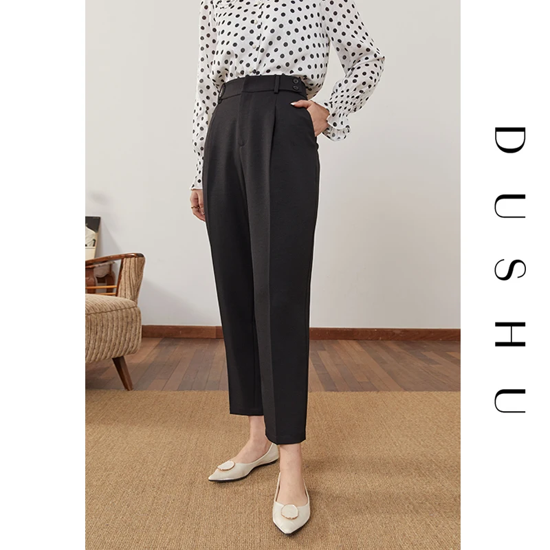 

DUSHU Plus size office lady black suit pants capri Women streetwear high waist pants Female spring summer loose casual trousers