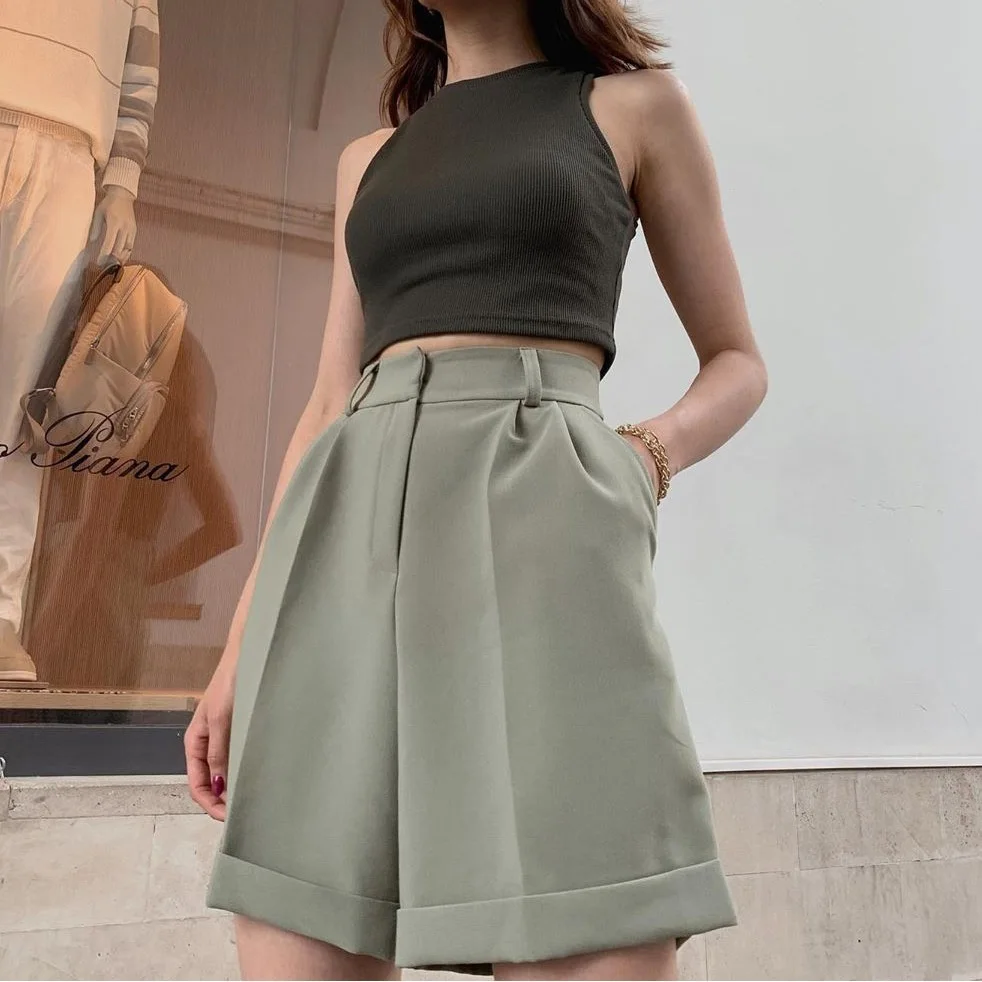

Summer shorts elegant woman shorts office lady high waisted shorts women korean style white green loose streetwear 2020