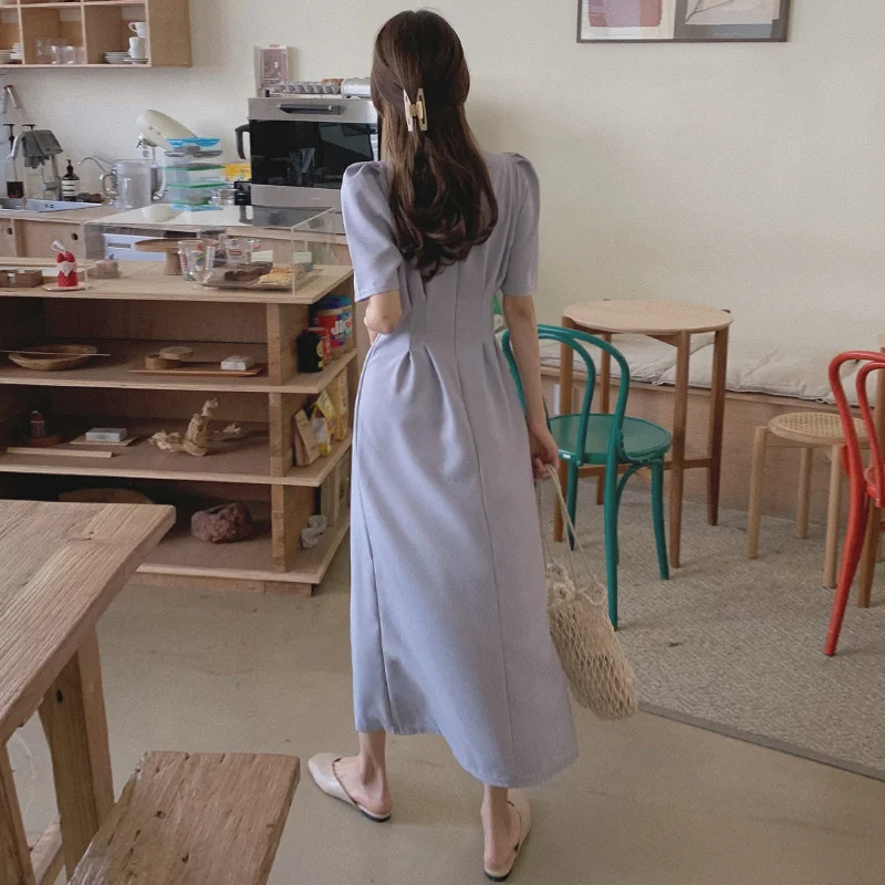 

Женское тонкое платье во французском стиле, голубое элегантное ТРАПЕЦИЕВИДНОЕ ПЛАТЬЕ с пышными рукавами и поясом, для лета