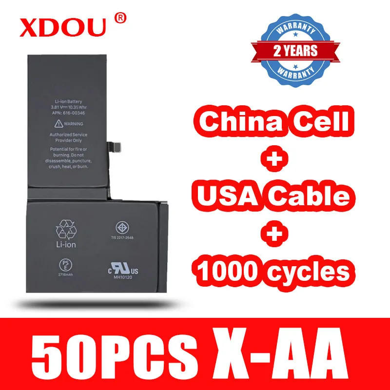 

50 шт., аккумулятор XDOU для iPhone X, 2716 мАч, замена 100%, китайский кобальт, США, кабель, 1000 циклов для Apple IphoneX AA