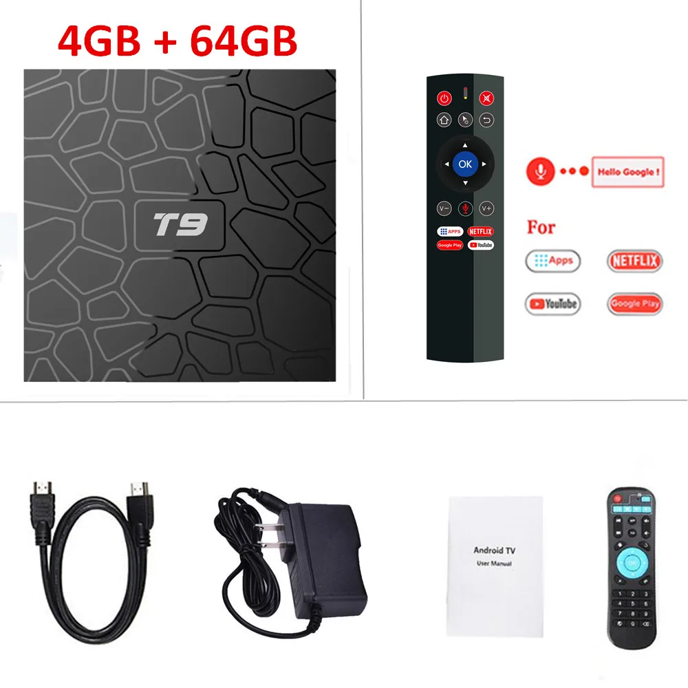 4G 64G voice remote T9 Android 9,0 ТВ приставка 4 ГБ 32 ГБ 64 Гб Смарт ТВ Rockchip RK3318 USB3.0 H.265 4K медиаплеер 2,4G& 5G Wifi BT 4,0 телеприставка 2G16G - Цвет: 4G 64G voice remote