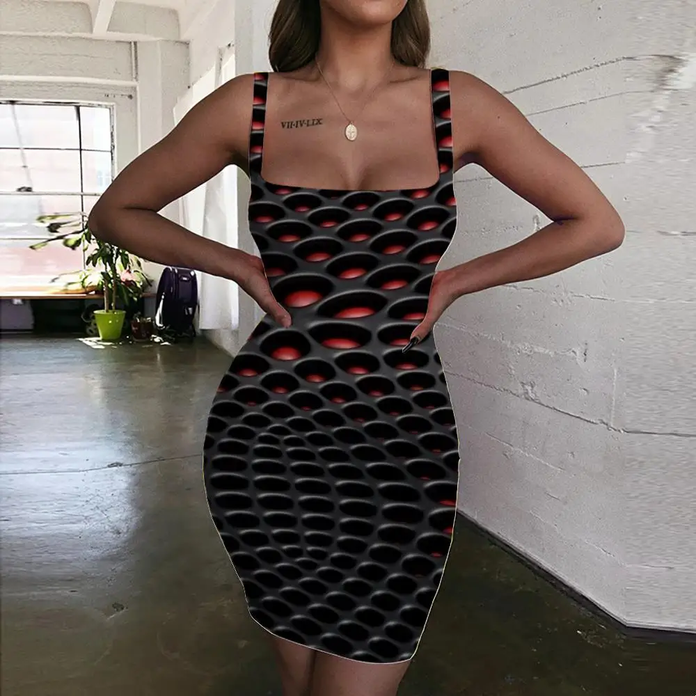 

Giyu Geometric Dresses Women Psychedelic Sundress Vortex Bodycon Dress Honeycomb 3d Print Black Vestido Sexy Womens Clothing