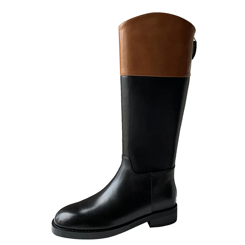 

Winter Round Head Thick Heels Contrast Color Design Back Zipper Women's Autumn Winter Cow Leather Knee High Casual Fashion Boots