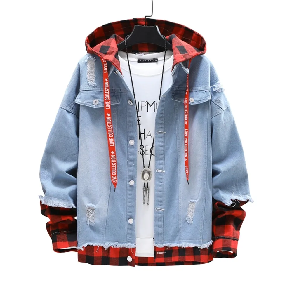 

New Spliced Single-breasted Jacket Ripped Men Jacket Denim Slim Spring Autumn Men's Men Fashion and Casual Hooded Spring and Au