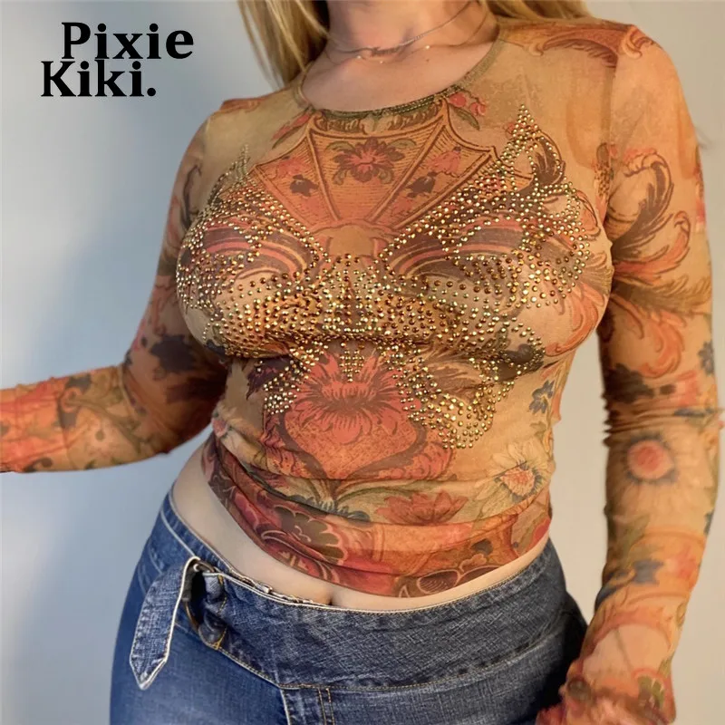

PixieKiki Y2k Rhinestone Long Sleeve Sexy Crop Tops Vintage Floral Printed Mesh See Through 90s Graphic T Shirts P84-BI16