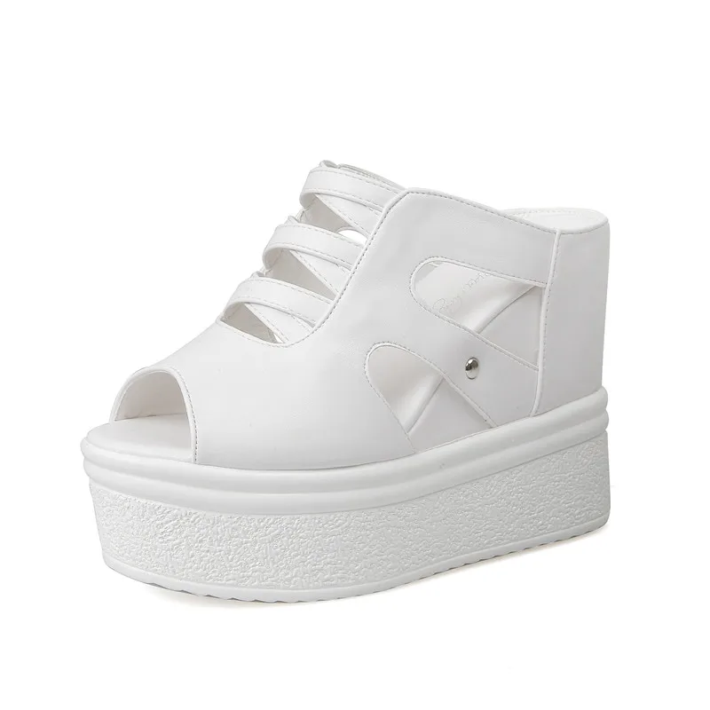 Hollow white Летние женские босоножки; коллекция года; Zapatos De Mujer; повседневные женские Босоножки с открытым носком на резиновой подошве, с шипами, на танкетке, с пряжкой и ремешком на щиколотке - Цвет: Hollow white