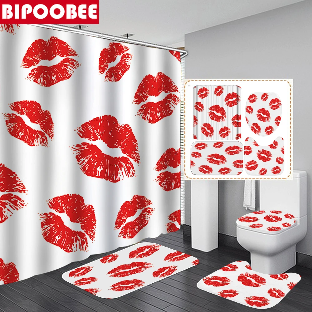 Сексуальные красные губы Ванная комната душа Шторы и ковер комплекты с принтом в