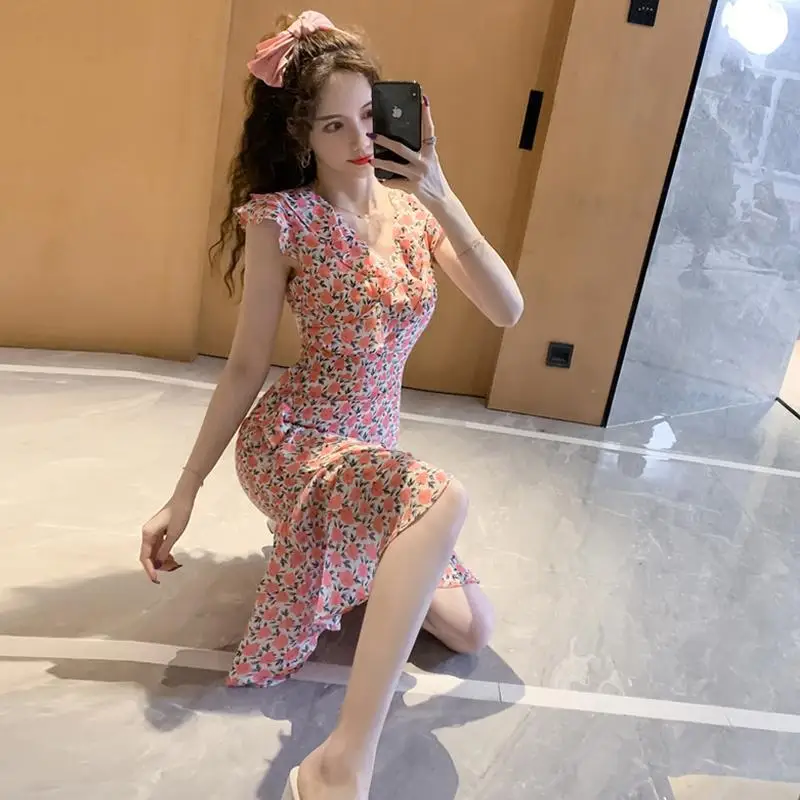 

Gao Leng Yujie Fan Mingyuan High-end Temperament Floral Dress 2020 Summer Dress New Women's Sleeveless V-Neck Hip Dress